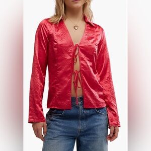 Free People Star Eyes Red Satin Front Tie Crinkle Top Blouse NWT XL